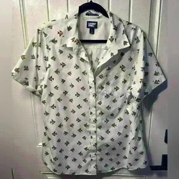Lands End Men’s Multi Color White Fish Supima button down shirt size Large 14-16 - Picture 1 of 2
